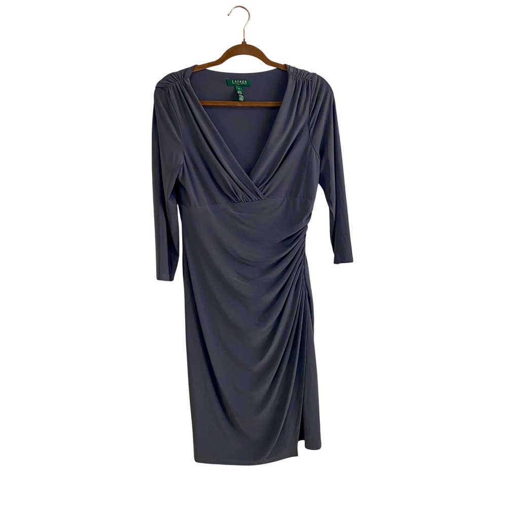 Lauren Ralph Lauren Gray Ruched Faux Wrap Sheath Dress Size 8 3/4 Sleeve